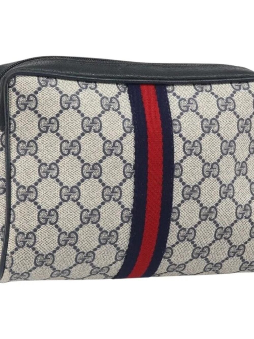 GUCCI GG Supreme Sherry Line Clutch Bag PVC Navy Gold